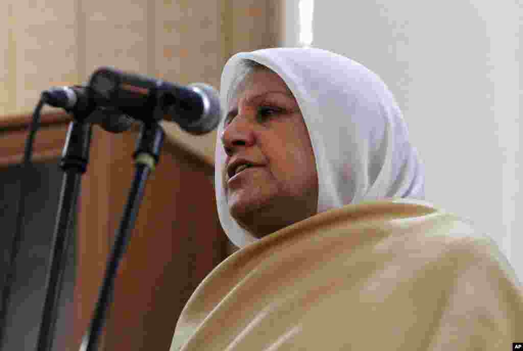 Bibi Hajira, the mother of a 27-year-old Afghan woman named Farkhunda, who was beaten to death by a mob in an incident that was sparked by a false accusation that she had burned a copy of the Quran, speaks at a hearing at the Primary Court in Kabul, Afghanistan, Wednesday, May 6, 2015.