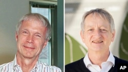 The 2024 Nobel Prize winners in Physics, professor John Hopfield, left, of Princeton University, and professor Geoffrey Hinton, of the University of Toronto, Tuesday, Oct. 8, 2024. (Princeton University via AP and Noah Berger/AP Photo)