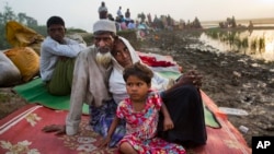 Rohingya man Nur Ahmad, 70, his wife Lalu Bibi and their grand daughter Ashuka Bibi, 5, who crossed over to Bangladesh the previous day, wait for permission to go to the refugee camps after spending the night in the rice fields near Palong Khali, Bangladesh.