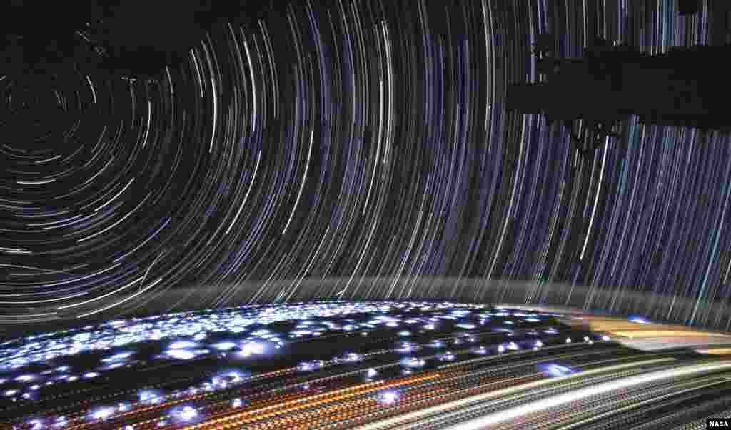 This image of star trails was put together from time-lapse photography taken by NASA astronaut Christina Koch from aboard the International Space Station, taken in July 2019.