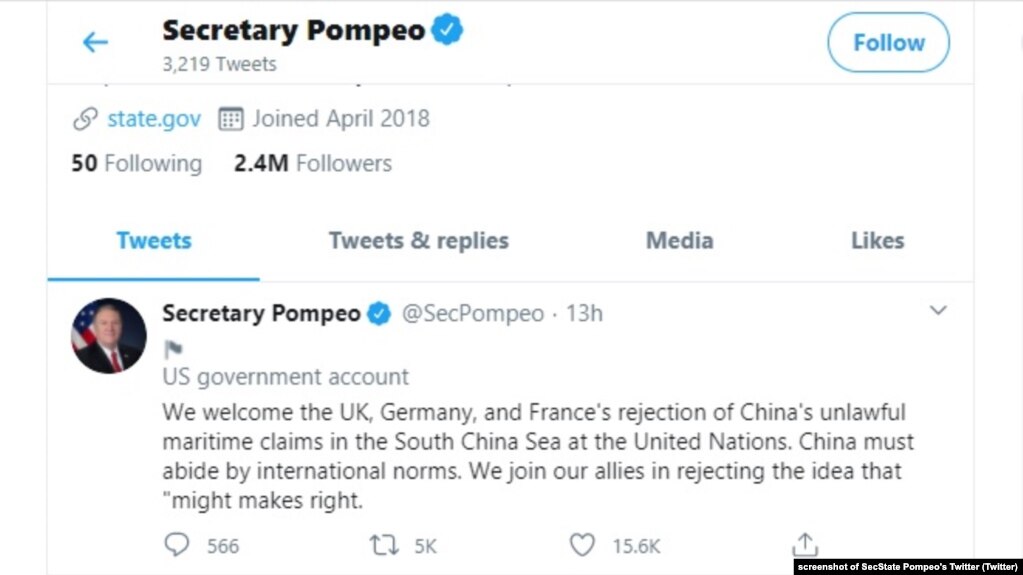 Bài đăng trên Twitter hôm 21/9 của Ngoại trưởng Mỹ Pompeo về Biển Đông