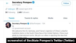 Bài đăng trên Twitter hôm 21/9 của Ngoại trưởng Mỹ Pompeo về Biển Đông