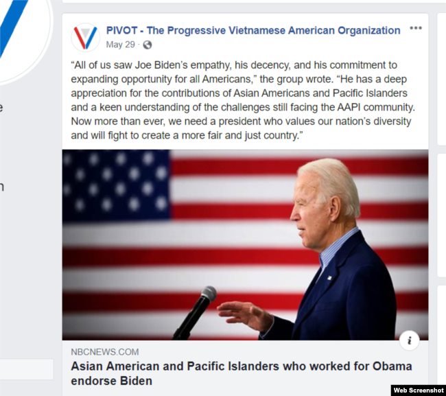 Hội người Mỹ gốc Việt Cấp tiến - PIVOT, đăng bài của đài NBC News về người gốc Á ủng hộ cựu Phó Tổng thống Joe Biden.
