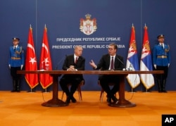 Predsednici Turske i Srbije, Redžep Tajip Erdogan i Aleksandar Vučić, na konferenciji za štampu u Beogradu, 7. oktobra 2019.