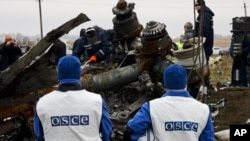 OSCE members watch as recovery workers in rebel-controlled eastern Ukraine load debris from the crash site of Malaysia Airlines Flight 17, in Hrabove, Ukraine, Nov. 16, 2014.