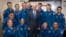 Vice President Mike Pence poses for a photograph with NASA's 12 new astronauts, June 7, 2017, at NASA's Johnson Space Center in Houston, Texas. They are, clockwise from top left, Robb Kulin, Jonny Kim, Bob Hines, Warren Hoburg, Matthew Dominick, Kayla Barron, Jessica Watkins, Raji Chari, Zena Cardman, Jasmin Moghbeli, Loral O' Hara and Frank Rubio. 