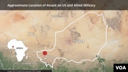 Peta Niger yang menunjukkan lokasi di mana patroli gabungan AS-Niger diserang. 