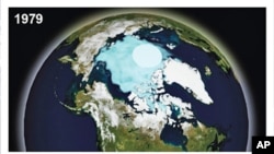 A combination of the National Oceanic and Atmospheric Administration (NOAA) images show September Arctic sea ice in 1979, the first year these data were available, and 2009 in this image from a report released in 2010