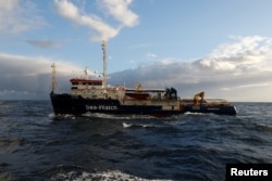 The migrant search and rescue ship Sea-Watch 3, operated by German NGO Sea-Watch, is seen off the coast of Malta in the central Mediterranean Sea, Jan. 3, 2019.