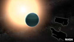 The atmosphere of the distant “warm Neptune” HAT-P-26b, illustrated here, is unexpectedly primitive, composed primarily of hydrogen and helium. By combining observations from NASA’s Hubble and Spitzer space telescopes, researchers determined that, unlike 