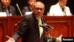 Ecuador's Vice President Jorge Glas gestures while he addresses the National Assembly in Quito, Ecuador, June 21, 2017. 