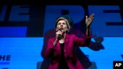 Democratic presidential candidate Sen. Elizabeth Warren, D-Mass., speaks during the We the People Membership Summit, featuring the 2020 Democratic presidential candidates, at the Warner Theater, in Washington, April 1, 2019.