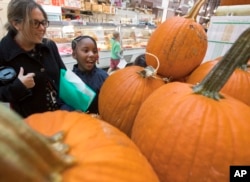 Students and teachers from the Mundo Verde Bilingual Public Charter School in Washington view pumpkins and other items on display during a visit to the Eastern Market in the nation's capital, Oct. 13, 2017.