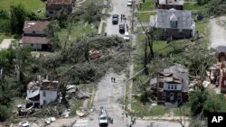 This aerial image shows severe storm damage in Jefferson City, Mo., May 23, 2019, after a tornado hit overnight. A tornado tore apart buildings in Missouri's capital city as part of an overnight outbreak of severe weather across the state. 