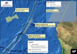 Image provided by the Joint Agency Coordination Center on April 9, 2014, shows a map indicating the locations of signals detected by vessels looking for signs of the missing Malaysia Airlines Flight 370 in the southern Indian Ocean.