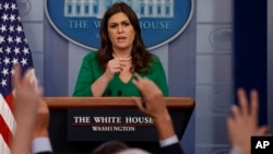 White House press secretary Sarah Sanders speaks during the daily press briefing, Oct. 27, 2017, in Washington.
