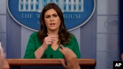 White House press secretary Sarah Sanders speaks during the daily press briefing, Oct. 27, 2017, in Washington.