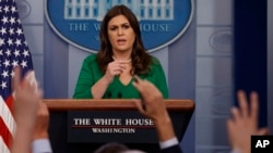 White House press secretary Sarah Sanders speaks during the daily press briefing, Oct. 27, 2017, in Washington. 