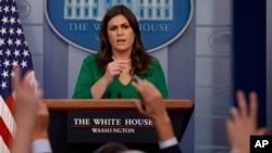 White House press secretary Sarah Sanders speaks during the daily press briefing, Oct. 27, 2017, in Washington.