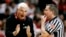 FILE - Texas Tech coach Bob Knight, left, argues a call with an NCAA official during a basketball game against Texas A&M in Lubbock, Texas, Jan. 16, 2008. Knight, the brilliant and combustible coach who years was the scowling face of college basketball has died. He was 83. 