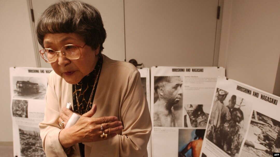 FILE - Kaz Suyeishi, of the American Society of Hiroshima-Nagasaki A-Bomb Survivors, describes seeing an atomic explosion over Japan during World War II, at a press conference in Los Angeles, California.