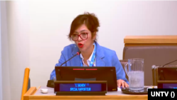 2026년 10월 27일 유엔총회 제3위원회에 참석한 엘리자베스 살몬 유엔 북한 인권특별보고관이 발언을 진행하고 있다.