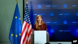 U.S. Ambassador to the United Nations Samantha Power speaks during a lecture regarding the Ebola virus at the Residence Palace in Brussels, Oct. 30, 2014. 