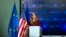 U.S. Ambassador to the United Nations Samantha Power speaks during a lecture regarding the Ebola virus at the Residence Palace in Brussels, Oct. 30, 2014. 