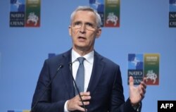 NATO Secretary General Jens Stoltenberg and Lithuania's President (not in picture) address a joint press conference ahead of a NATO Summit in Vilnius, Lithuania, on July 10, 2023. (Photo by PETRAS MALUKAS / AFP)