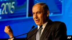 Israeli Prime Minister Benjamin Netanyahu speaks at the 15th Herzeliya Conference in Herzeliya, Israel, June 9, 2015. (AP Photo/Ariel Schalit)