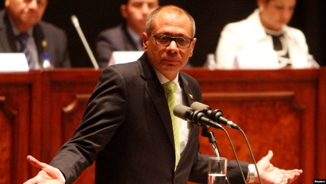 Ecuador's Vice President Jorge Glas gestures while he addresses the National Assembly in Quito, Ecuador, June 21, 2017. 