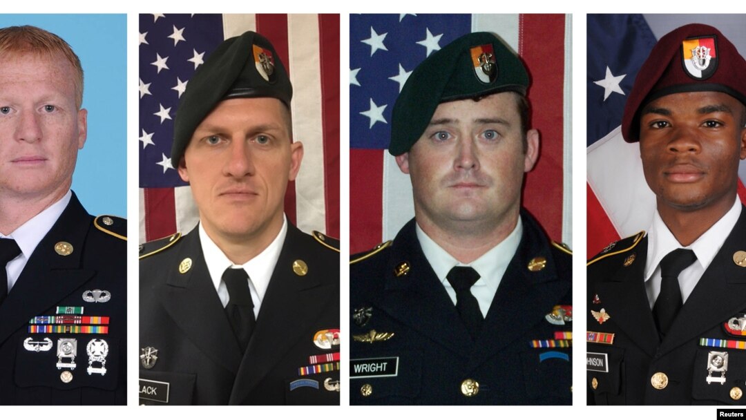 A combination photo of U.S. Army Special Forces Sergeant Jeremiah Johnson (L to R), U.S. Special Forces Sgt. Bryan Black, U.S. Special Forces Sgt. Dustin Wright and U.S. Special Forces Sgt. La David Johnson killed in Niger, West Africa, Oct. 4, 2017.