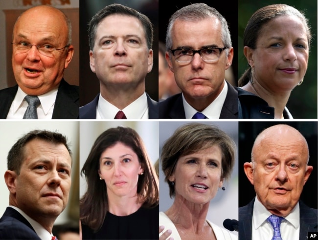 Gizli belgelere erişim yetkileri kaldırılmakla tehdit edilen eski ve mevcut istihbarat yetkilileri: (Üstte soldan sağa) Eski CIA Başkanı Michael Hayden, eski FBI Başkanı James Comey, eski FBI Başkan Vekili Andrew McCabe ve eski Ulusal Güvenlik Danışmanı Susan Rice. (Altta soldan sağa) eski FBI başkan yardımcılarından Peter Strzok, eski FBI avukatı Lisa Page, eski Adalet Bakan Yardımcısı Sally Yates ve eski Ulusal İstihbarat Dairesi Başkanı James Clapper