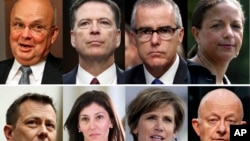 Foto sa yo montre (anlè, de goch a dwat): Ansyen Direktè CIA Michael Hayden, ansyen Direktè FBI James Comey, ansyen Direktè Provizwa FBI Andrew McCabe, ak ansyen Konseye pou Sekirite Nasyonal Susan Rice. Anba (de goch adwat): Ansyen Vis Direktè FB Peter Strzok, ansyen avoka FBI Lisa Page, ansyen Vis Minis Lajiistis Sally Yates ak ansyen Direktè Administrasyon Ransèyman Nasyonal James Clapper. Mèkredi 15 out 2018 la, Prezidan Donald Trump reyalize yon menas li te fè lè l revoke privilèj ansyen Direktè CIA John Brennan genyen pou l jere enfòmasyon ak dokiman sekrè. Kòm rezon, Prezidan an di konstitisyon an ba li responsablite pou l pwoteje dokiman sekrè yo e l ap pase an revi dosye 9 lòt ansyen ofisyèl -pami yo gen 8 ki sou foto yo. (Foto AP/Dosye).