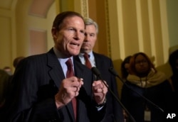 FILE - Sen. Richard Blumenthal, D-Conn., speaks to reporters during a news conference on Capitol Hill in Washington, Feb. 7, 2017.