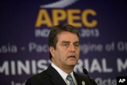 FILE - WTO Director-General Roberto Azevedo is pictured on the sidelines of the Asia-Pacific Economic Cooperation ministerial meeting in Bali, Oct. 5, 2013.