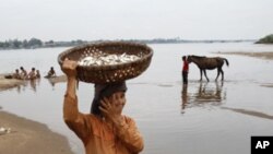 Chea Sophorn, 39, carries a fish basket at the Mekong River bank in Kandal province, Cambodia, April 19, 2011.