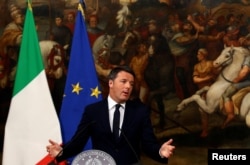 FILE: Matteo Renzi speaks during a media conference after a referendum on constitutional reform at Chigi palace in Rome, Dec. 5, 2016.