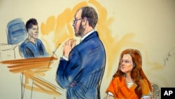 This courtroom sketch depicts Maria Butina, a 29-year-old gun-rights activist suspected of being a covert Russian agent, listening to Assistant U.S. Attorney Erik Kenerson as he speaks to Judge Deborah Robinson, left.