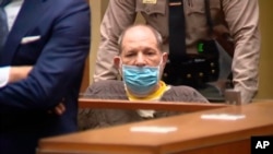 In this image taken from KABC pool video, Harvey Weinstein, the 69-year-old convicted rapist and disgraced movie mogul, wears a face mask during an arraignment hearing, July 21, 2021, in Los Angeles.