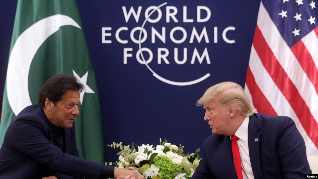 U.S. President Donald Trump shakes hands with Pakistan's Prime Minister Imran Khan during a bilateral meeting at the 50th World Economic Forum annual meeting in Davos, Switzerland, Jan. 21, 2020.