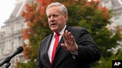 FILE - Then-White House chief of staff Mark Meadows speaks with reporters at the White House, Oct. 21, 2020, in Washington. 