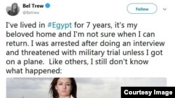 A screenshot of a tweet by British journalist Bel Trew who was expelled from Egypt last month, Sunday, Mar. 25, 2018. (Courtesy image)