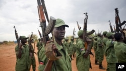 Des rebelles sud-soudanais lèvent leurs armes dans un camp militaire dans la capitale Juba, Soudan du Sud, 7 avril 2016. 