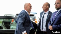 Kosovo's former Prime Minister Ramush Haradinaj arrives at Pristina Airport after being called to The Hague war crimes court regarding Kosovo's violent independence struggle in Pristina, Kosovo, July 23, 2019. 