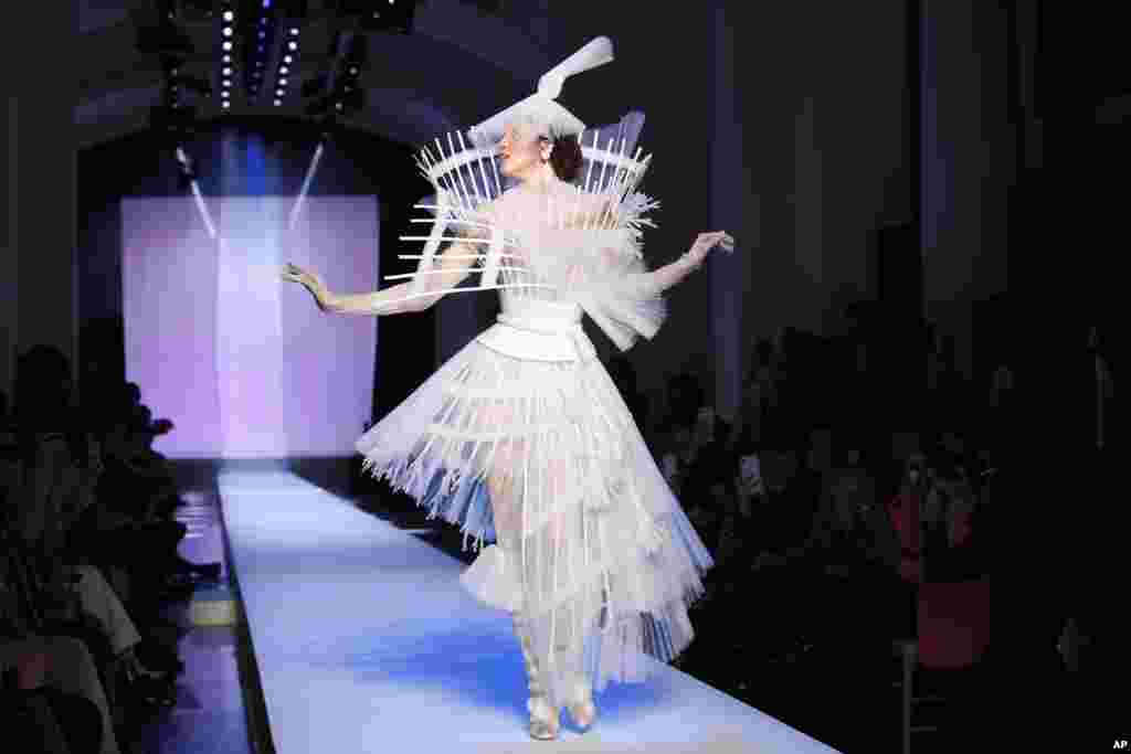 A model wears a creation for Jean-Paul Gaultier&#39;s Spring/Summer 2019 Haute Couture fashion collection presented in Paris, France.