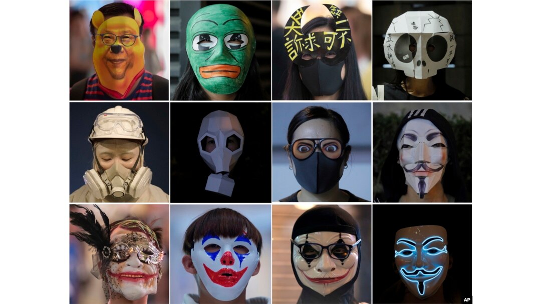 Manifestantes en Hong Kong usan creativas máscaras a pesar de prohibición 