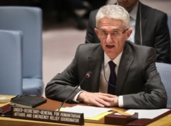 Mark Lowcock, the U.N. Humanitarian Affairs Emergency and Relief Coordinator, address United Nations Security Council with a report on Yemen, Oct. 23, 2018 at U.N. headquarters.