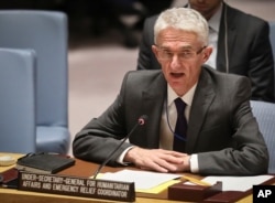 FILE - Mark Lowcock, the U.N. Humanitarian Affairs Emergency and Relief Coordinator, address United Nations Security Council at U.N. headquarters, Oct. 23, 2018.