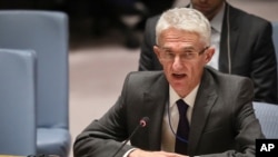 FILE - Mark Lowcock, the U.N. Humanitarian Affairs Emergency and Relief Coordinator, address United Nations Security Council with a report on Yemen, Oct. 23, 2018 at U.N. headquarters.